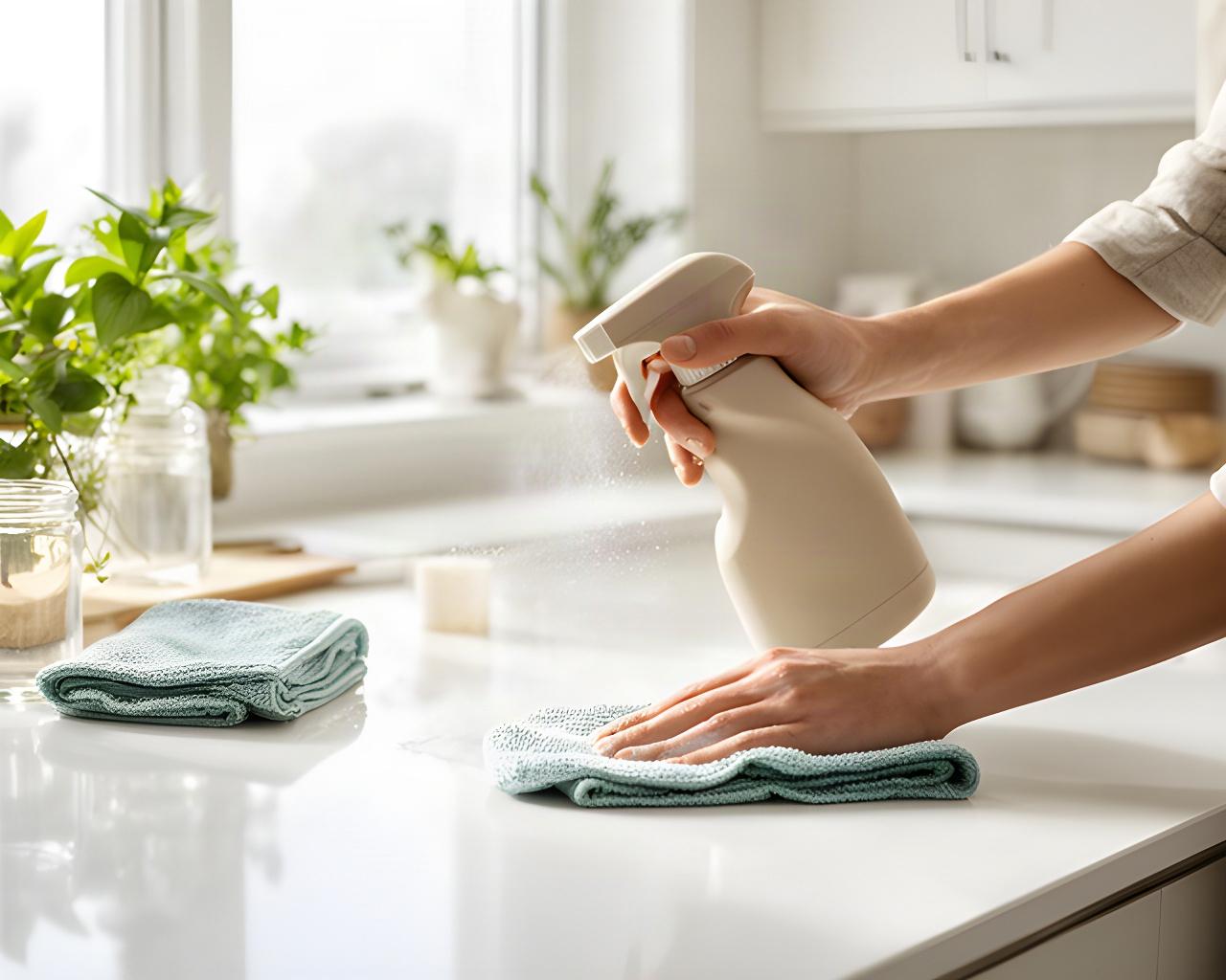 Nachhaltige Haushaltsreinigung in einer hellen Küche mit recycelter Sprühflasche