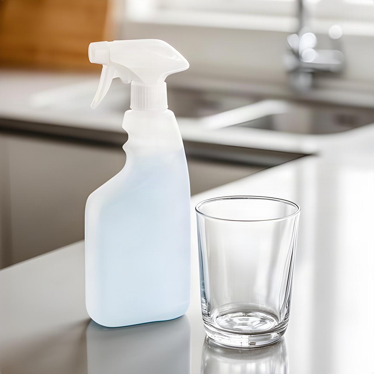 Allzweckreiniger neben sauberem Glas und einer glänzenden Küchenarbeitsfläche