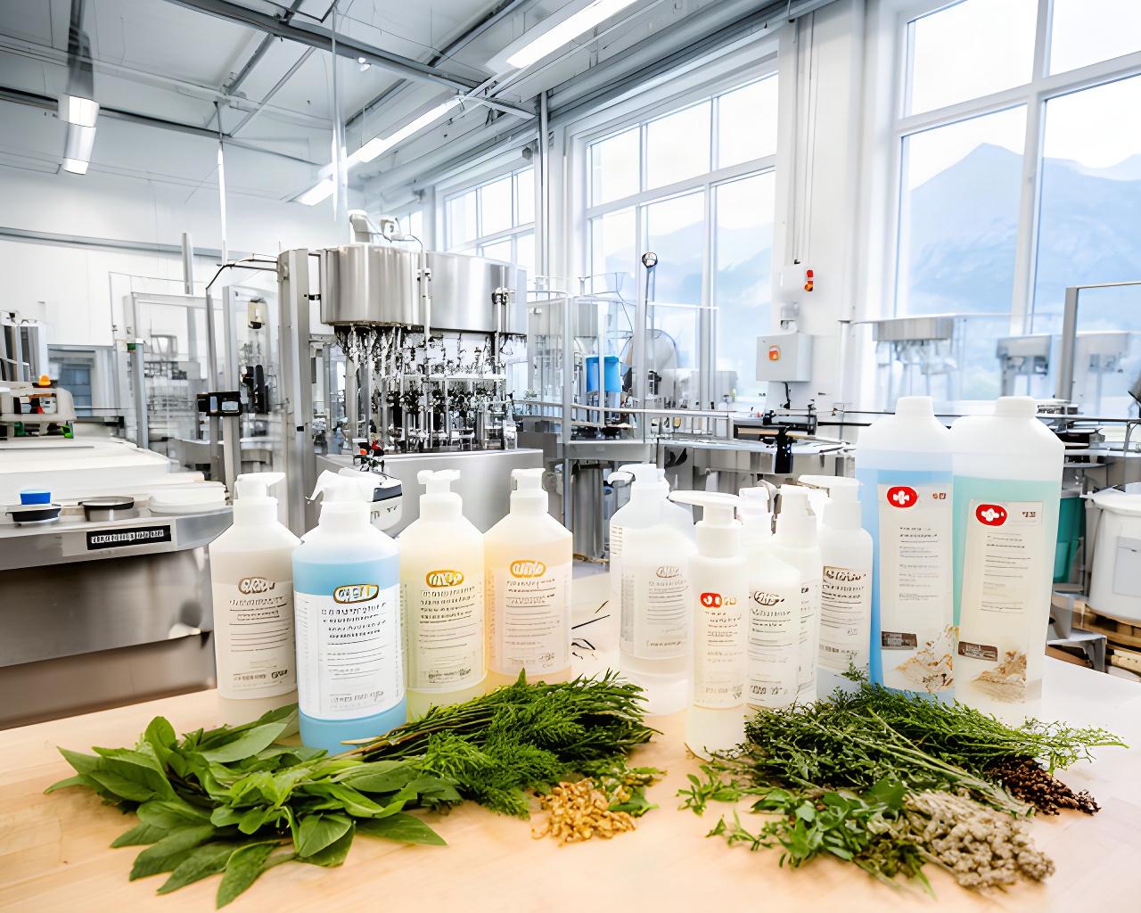 Helle Schweizer Produktionshalle mit Reinigungsmitteln und pflanzlichen Rohstoffen