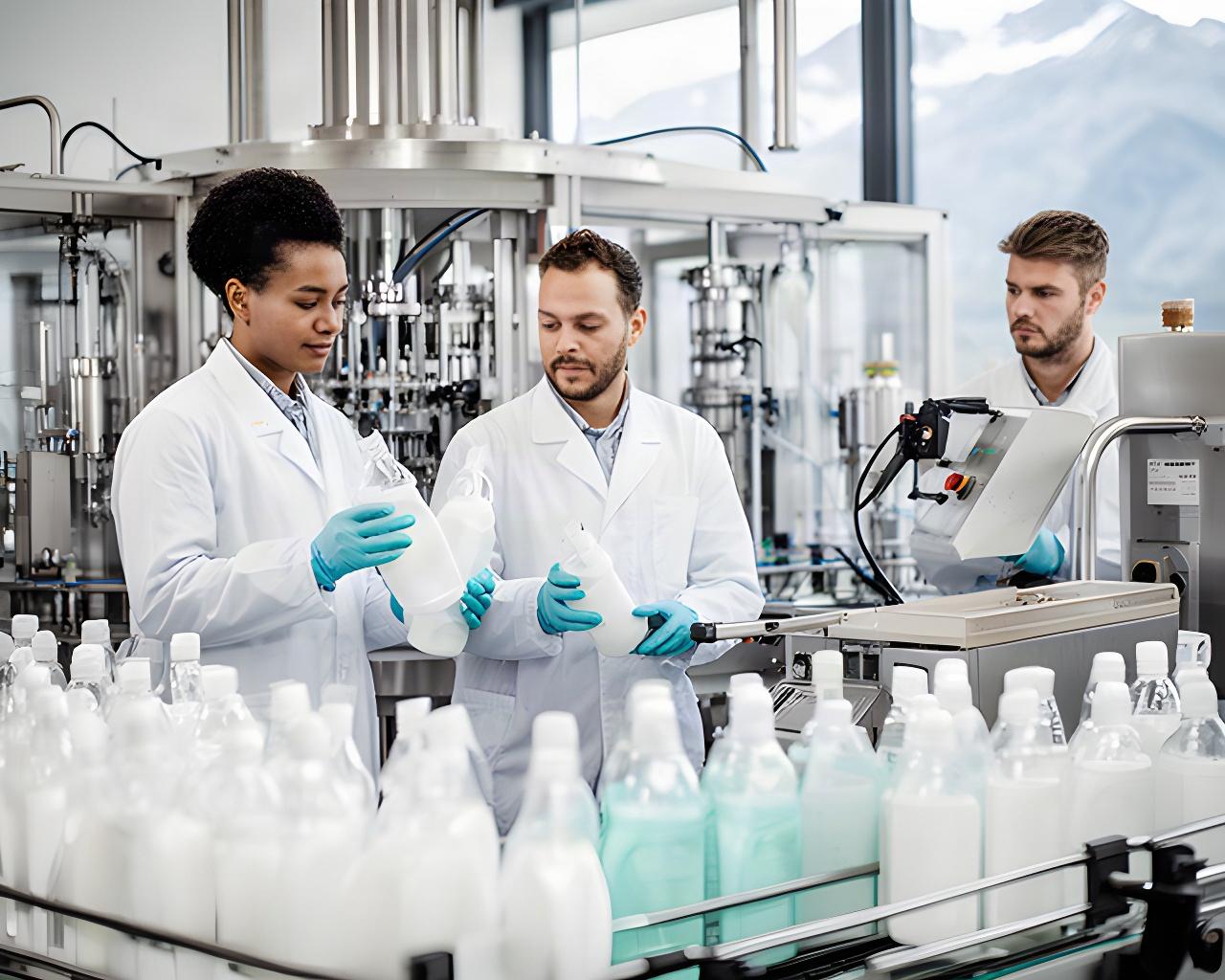 Mitarbeitende kontrollieren Flaschen und Etiketten in der Reinigungsmittelproduktion in Brig-Glis